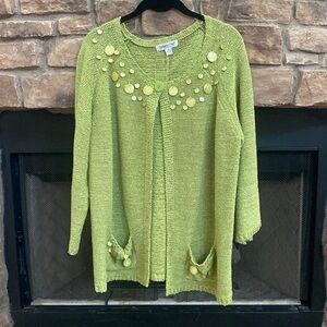 Coldwater Creek green sweater cardigan with embellishments. Size 1X